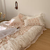 French Rose Floral Ruffle Bedding Set - White